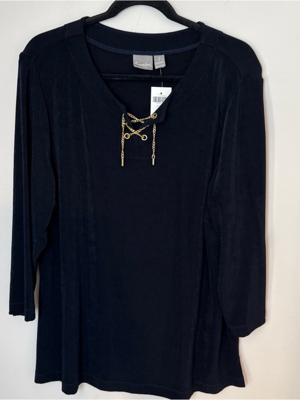 Chicos 3 Women's XL Travelers Hardware Lace Up Tunic Navy Coastal Grandma NWT